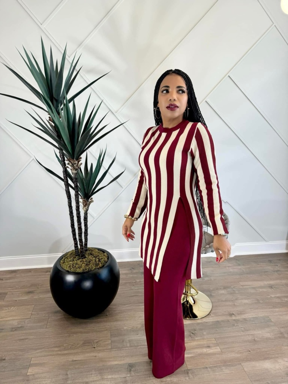 Rivir Striped Knit Tunic & Wide-Leg Pants Set - Burgundy & Cream